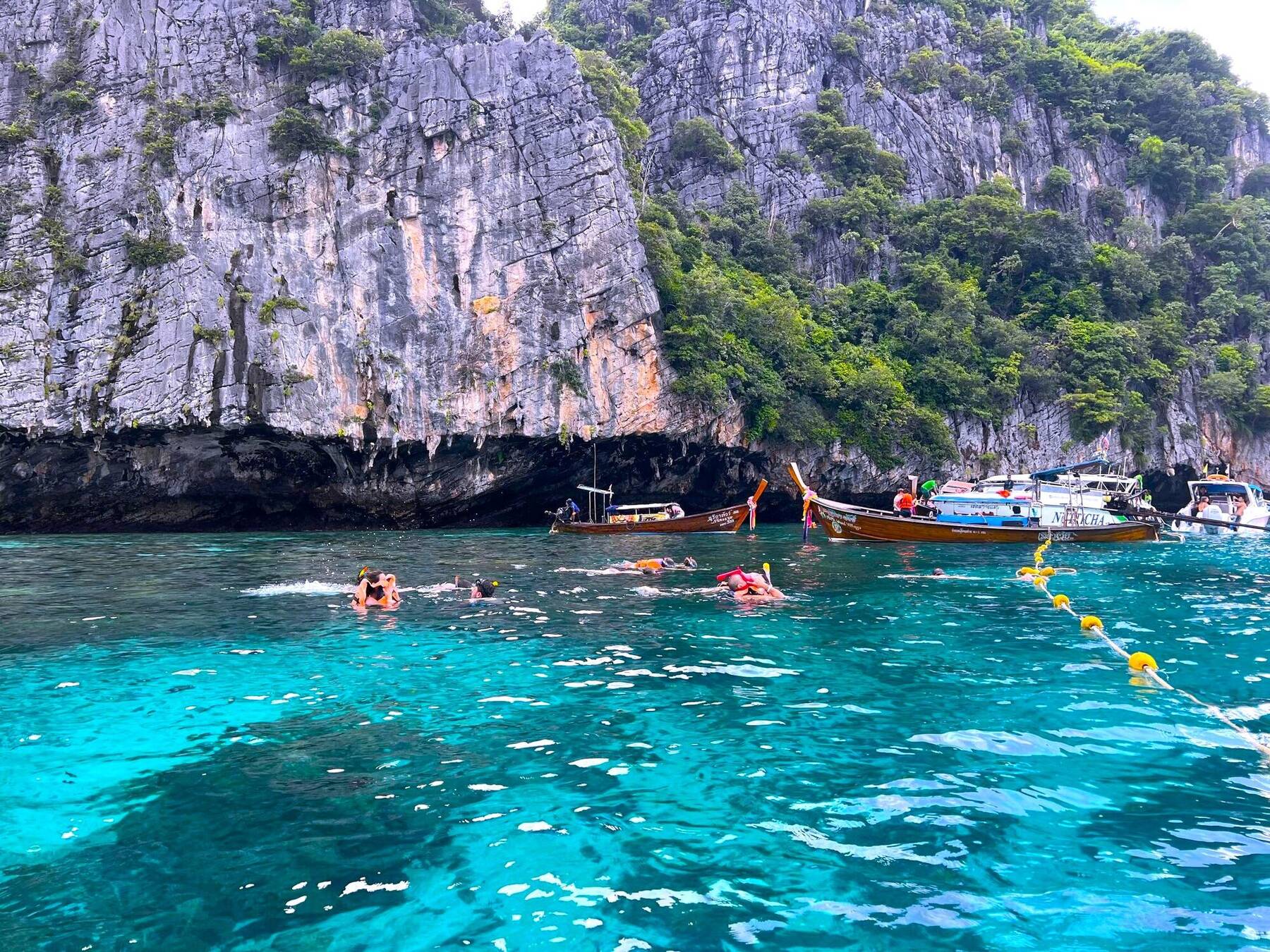 Guests snorkeling near the limestone cliffs at Phi Phi